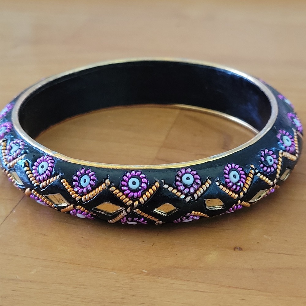India Black Lacquer Bangle Bracelet Pink Floral Gold Mirror Inlay Vtg